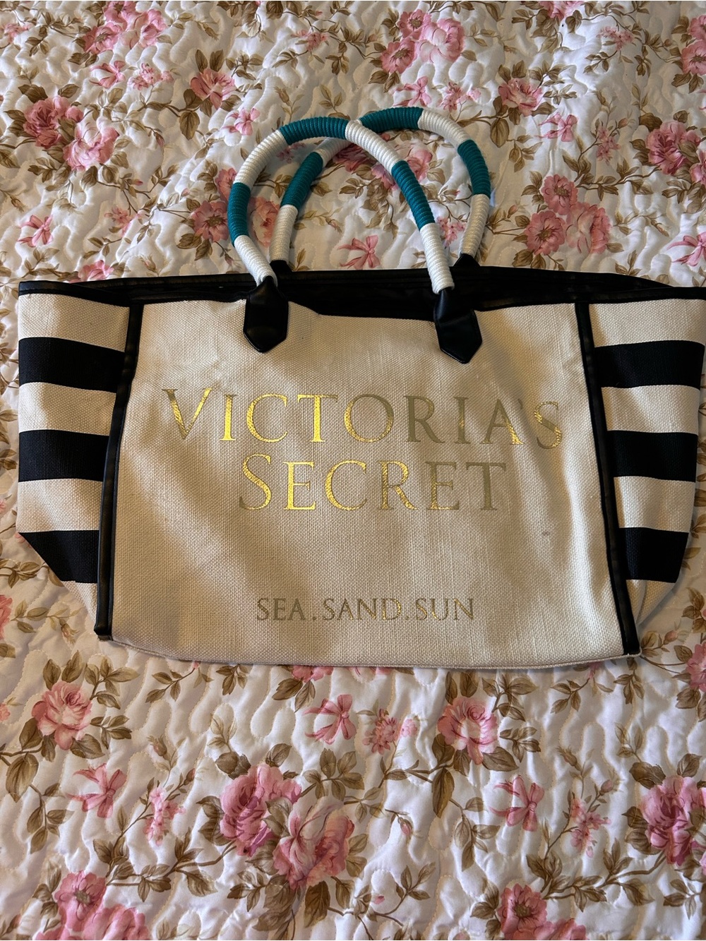 Victoria's Secret Cream Tote with Black Stripes and Teal-Wrapped Handles